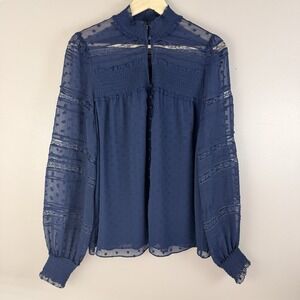 White House Black Market Navy Blue Lace Button Front Blouse Size Medium